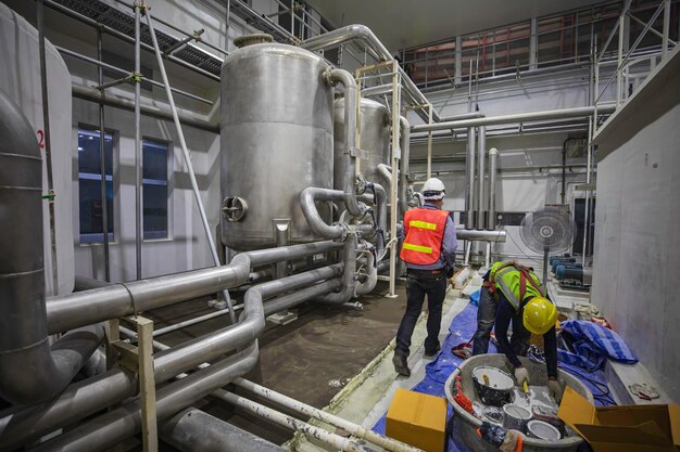 Arbeitsvorgänge für Männer im Pulverkelder der Fabrik mit vertikalen Edelstahltanks