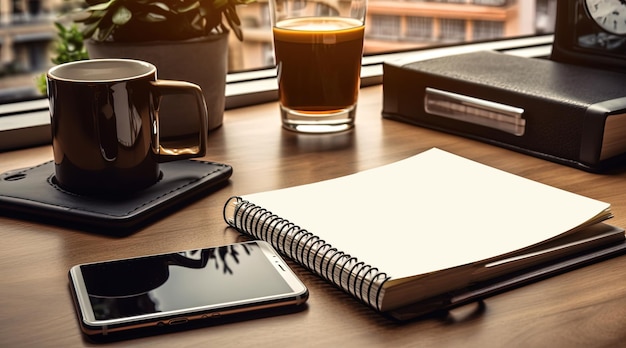 Arbeitszimmer oder Arbeitsbereich mit Notebook-Stift, Smartphone und Tee- oder Kaffeetasse auf dem Tisch. Generative KI