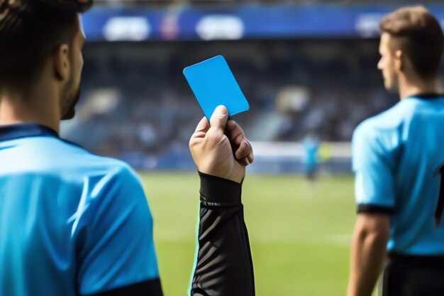 Árbitro com cartão azul no campo de futebol
