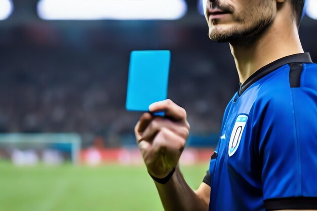 Foto Árbitro com cartão azul no campo de futebol