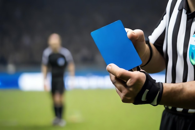 Foto Árbitro com cartão azul no campo de futebol