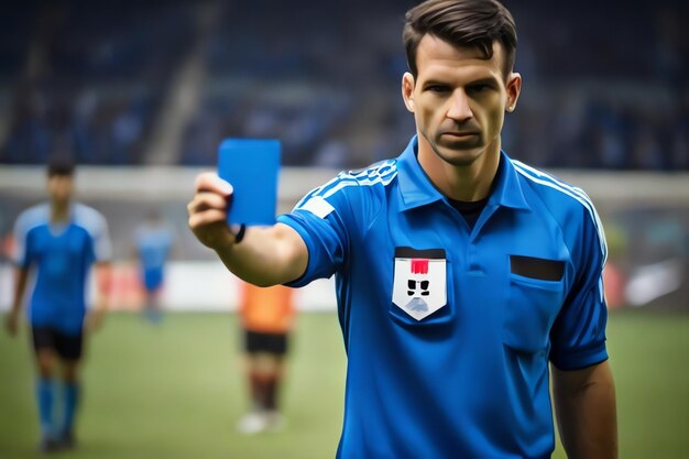 Foto Árbitro com cartão azul no campo de futebol