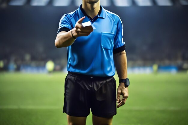 Foto Árbitro com cartão azul no campo de futebol