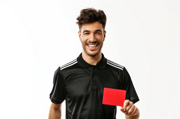 un árbitro de fútbol masculino sonriente mostrando una tarjeta roja aislado sobre un fondo blanco