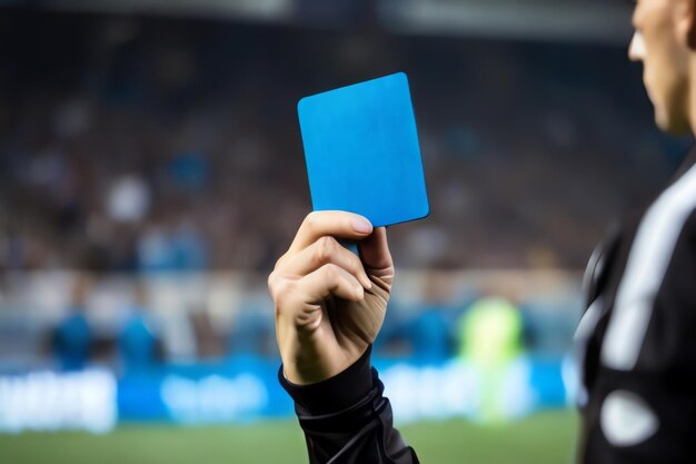 Foto Árbitro con tarjeta azul en el campo de fútbol