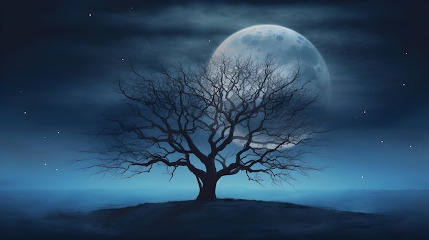 árbol 3d contra una luna cielo nocturno ai generar