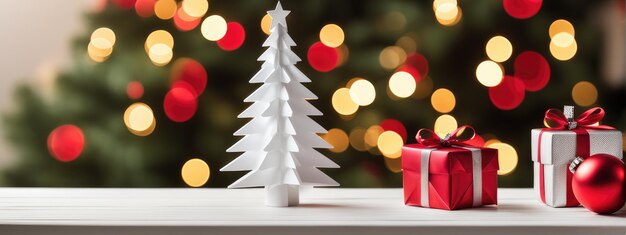 árbol de abeto de navidad y decoración en la mesa de madera fondo Bokeh