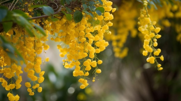 Un árbol de acacia amarillo con flores amarillas colgando de él