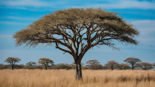 El árbol de acacia solitario Camelthorne con fondo de cielo azul en el parque nacional de Etosha, Namibia