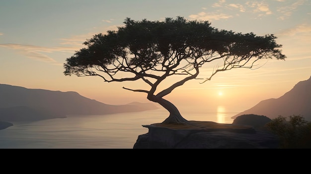 Un árbol en un acantilado con la puesta de sol detrás de él