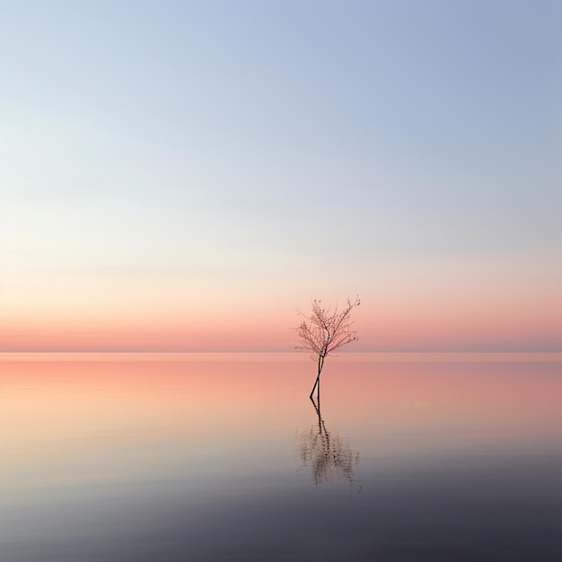 Un árbol en el agua con un fondo de cielo.