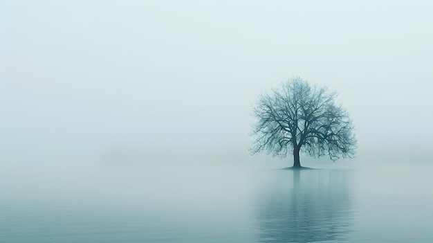 un árbol en el agua con un fondo de niebla