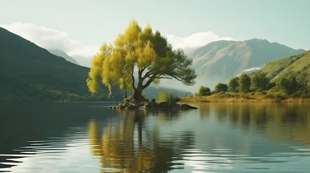 Un árbol en el agua con montañas al fondo.