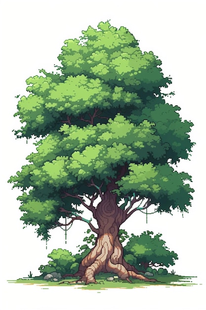 Árbol aislado Pixel art retro 8 bits fondo blanco