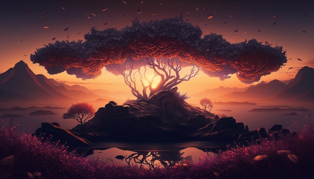 árbol al atardecer, fondo de pantalla de meditación