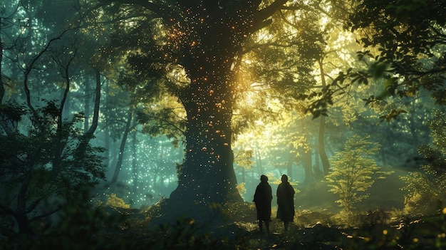 Un árbol altísimo se alza en el fondo del bosque mágico claro como dos figuras con