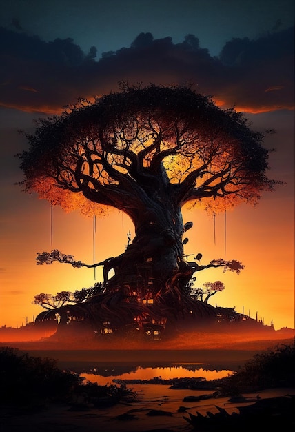 Árbol alto y viejo al atardecer Generado por IA