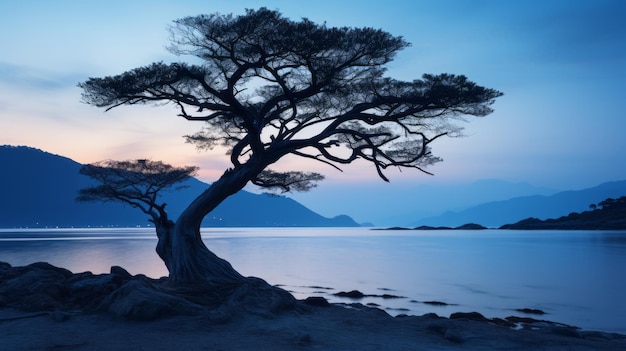 un árbol se alza solo en medio del agua, evocando etéreos paisajes marinos. Esta cautivadora imagen muestra el uso de técnicas artísticas tradicionales japonesas, similares a las obras de Max Rive y Kyff.