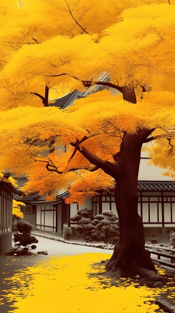 Foto un árbol amarillo con hojas amarillas y un letrero japonés que dice el arce japonés