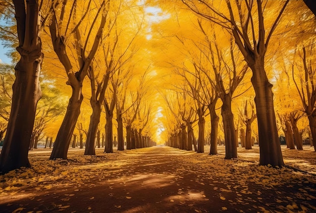 un árbol amarillo se muestra en el follaje de otoño en el estilo tradicional japonés