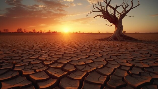 árbol arafed en un desierto seco con una puesta de sol al fondo. IA generativa.