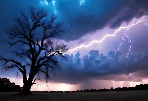 Foto un árbol con un árbol y un árbol con un rayo en el cielo