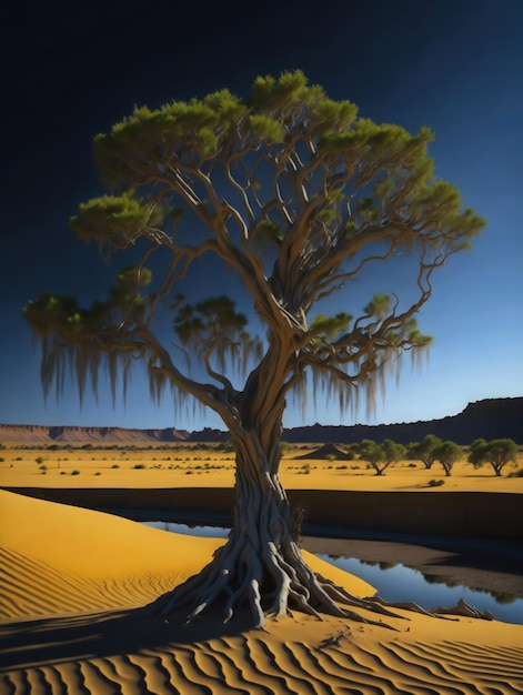 Un árbol con un árbol en el desierto.