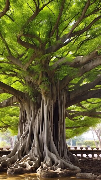 Foto un árbol con un árbol verde que tiene un árbol con las raíces