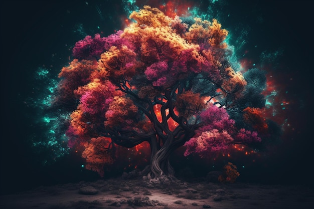 Un árbol con un arcoíris de colores.