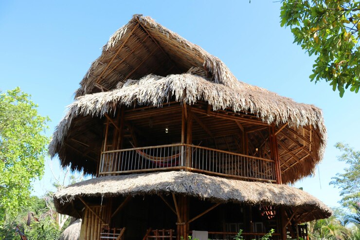 Foto árbol de arte de textura de casa ecológica de madera natural de casa de bambú en los trópicos