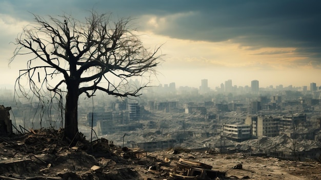 árbol asesinado por la guerra ciudad destruida en el fondo