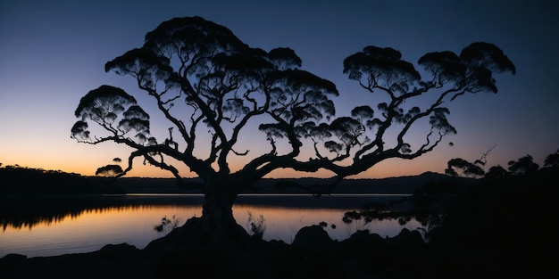 Un árbol con un atardecer de fondo.