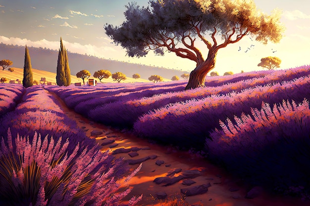 Un árbol azotado por el viento en el campo de lavanda en la hermosa provenza de verano