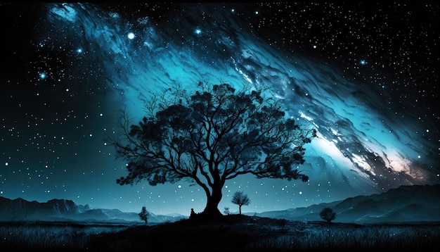 Un árbol azul con un cielo estrellado.