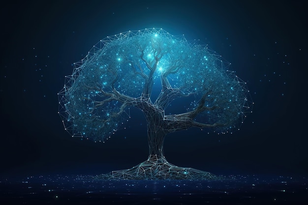 Un árbol azul con un fondo azul y un árbol brillante con las palabras 'árbol'