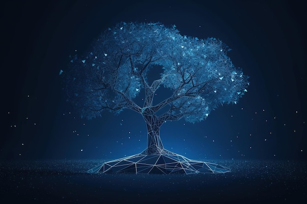 Un árbol azul con un fondo azul y una estrella brillante en el medio.