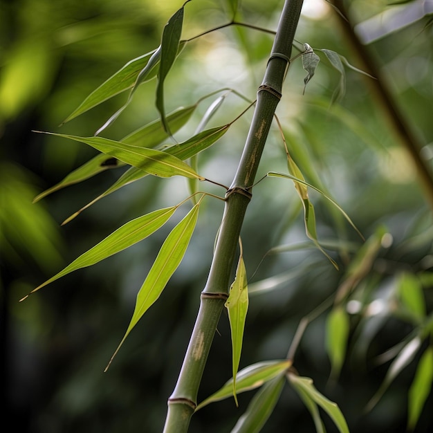 Un árbol de bambú con hojas verdes y una hoja verde.