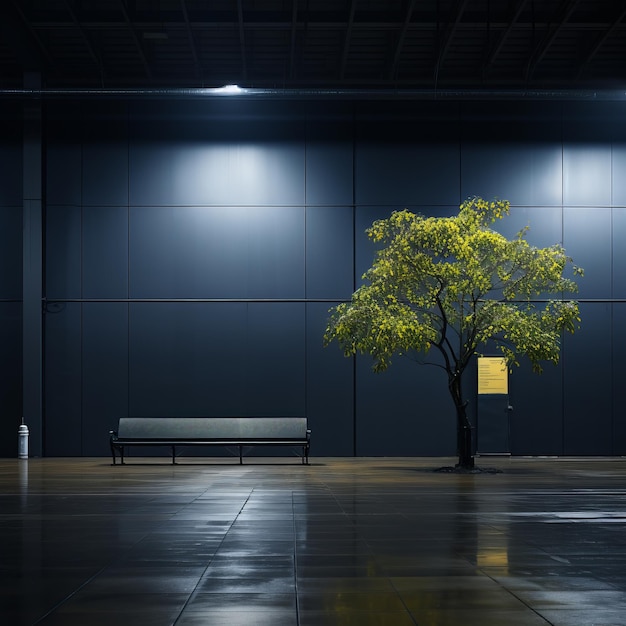 un árbol y un banco en una habitación vacía