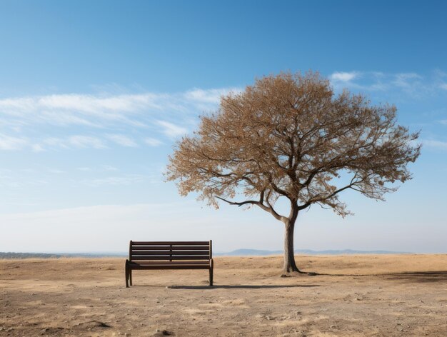 un árbol y un banco en el medio de un campo