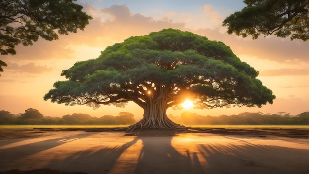 Foto Árbol de banyan con fondo de amanecer la imagen se genera con el uso de una inteligencia artificial