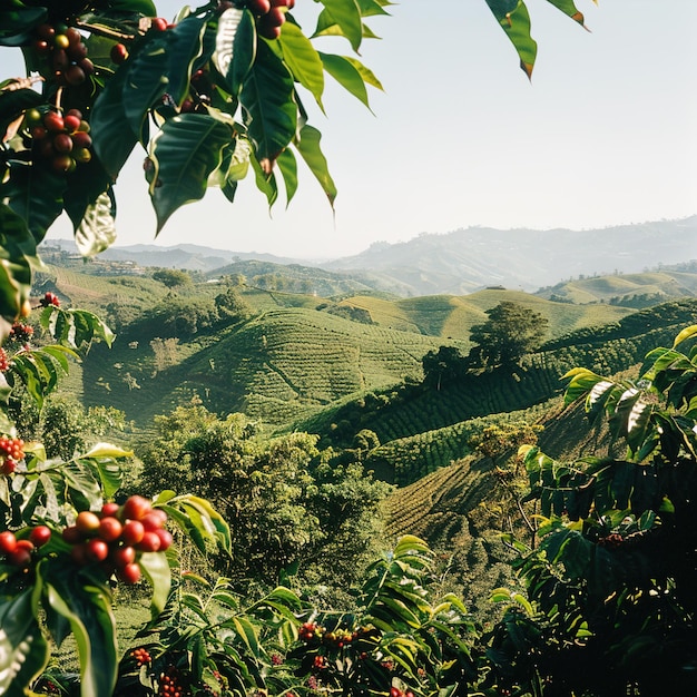 Foto un árbol con bayas rojas y árboles verdes en el fondo