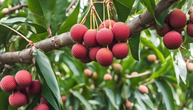 un árbol con bayas rojas y hojas verdes con un árbol en el fondo