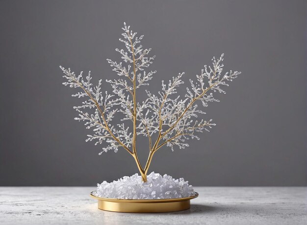 un árbol blanco con ramas de oro en una mesa de mármol blanco