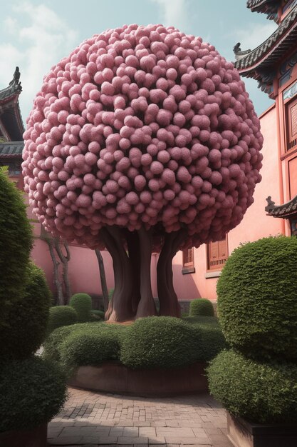 Un árbol con bolas rosas.