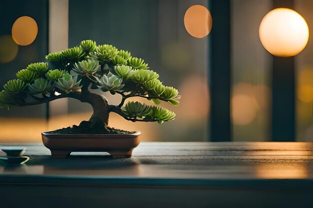 un árbol bonsái se asienta en el alféizar de una ventana.