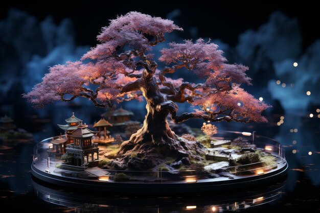 El árbol bonsai en la escena nocturna