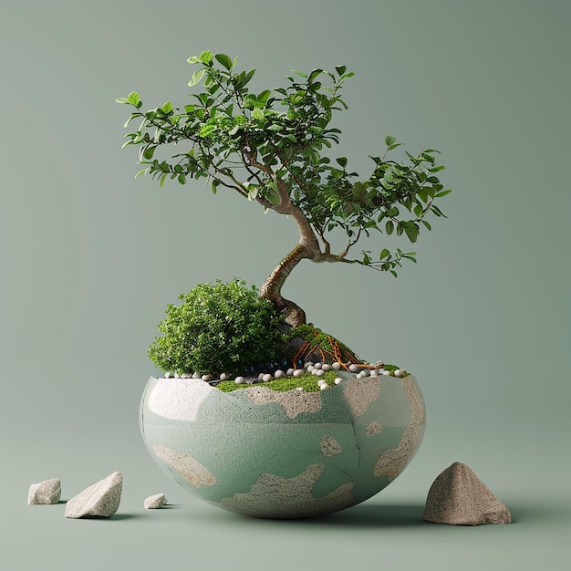 un árbol de bonsai está creciendo en una olla con rocas y rocas