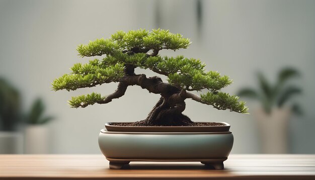 un árbol de bonsai está en una mesa en una olla