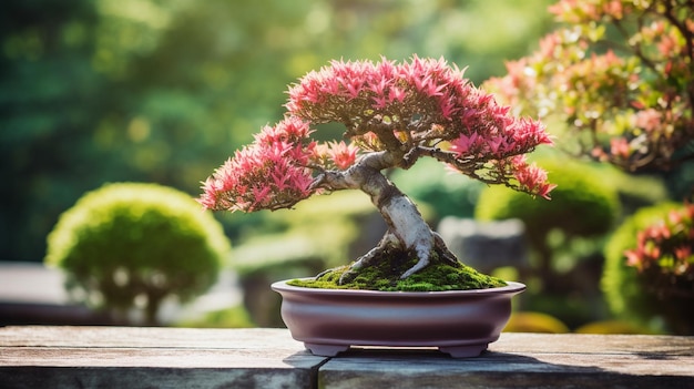 árbol de bonsai con flores de bonsai rojas en el fondo de un jardín verde