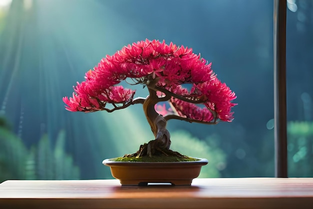 Un árbol de bonsai con un fondo azul y un fondo verde.